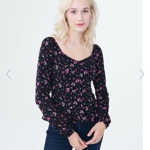 Long Sleeve Floral Button-Front Peplum Top